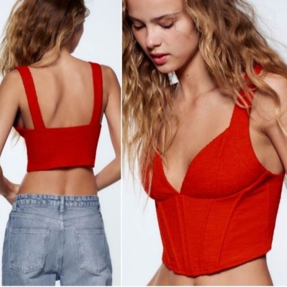 Zara Red Corset Textured Crop Top